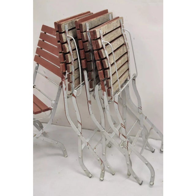 Late 20th Century French Country Style Wood Slat Iron Frame Folding Garden Chairs - Set of 4 For Sale In Philadelphia - Image 6 of 12