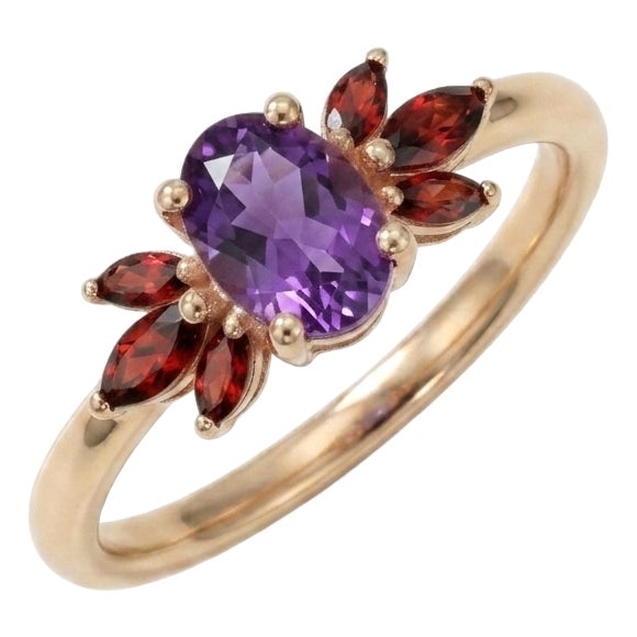 Vintage Amethyst & Garnet Cluster Ring in 18k Gold Plated Sterling Silver Us 7 For Sale