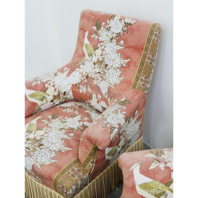 Textile Upholstered Slipper Lounge Chairs Depicting Pheasants and Peon, Set of 2 For Sale - Image 7 of 13