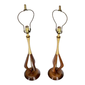 Pair of Oiled Sculptural Walnut Mid-Century Modern Table Lamps