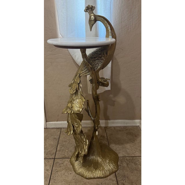 Gold Finish Peacock Side Table Marble Top For Sale - Image 4 of 12