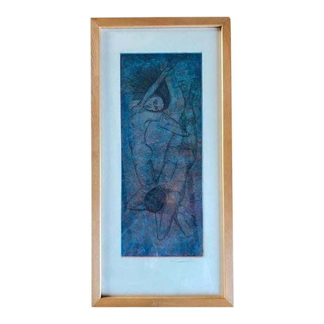 Ethereal Swimming Figures Etching in Blonde Hardwood Frame For Sale