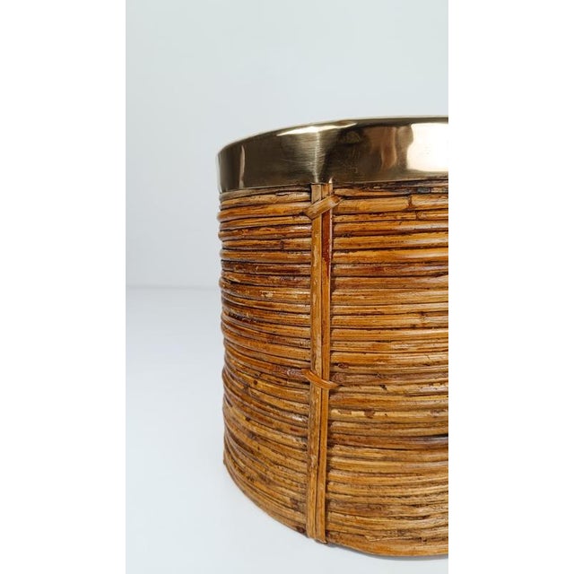 Italian Cachepot Basket in Hand-Woven Pencil Reed Rattan and Brass, 1970s For Sale - Image 9 of 18