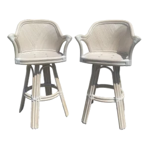 Boho Chic Beige Coastal Pencil Reed Rattan Swivel Bar Stools- Set of 2