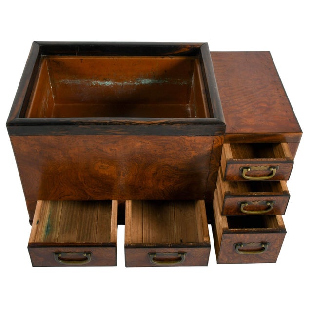 Japanese Burlwood Hibachi With Drawers and Copper Liner, Meiji-Style For Sale - Image 4 of 9