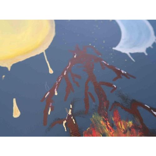 An evocative contemporary abstract painting featuring a vivid and luminous silver moon and a golden sun set against a deep...