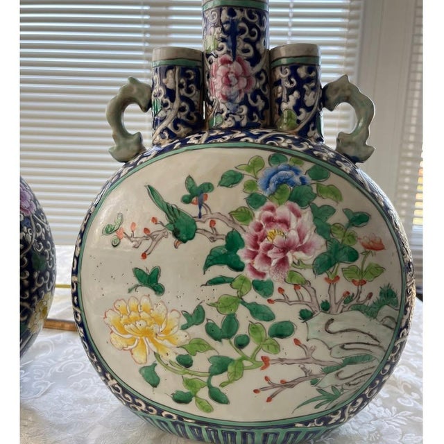 1920s 1920s Pair 15" Chinese Famille Rose Triple Spout Moon Flasks - Bird & Peony Vases For Sale - Image 5 of 9
