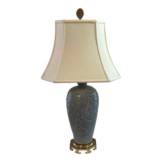 Late 20th Century Oriental Celadon Crackled Lamp With Hand Carved Jade Top For Sale
