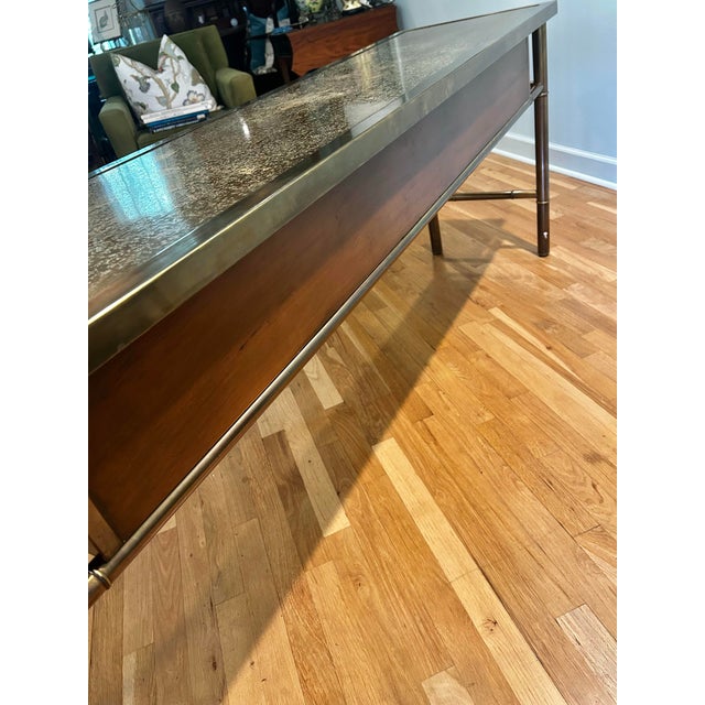 1970’s Mastercraft Attributed Brass Clad Faux Bamboo and Burl Wood 3 Drawer Console Table For Sale - Image 10 of 13