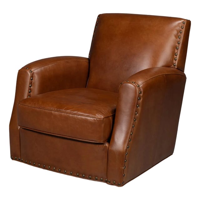 Classic Brown Leather Swivel Armchair For Sale