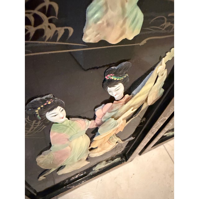 Vintage Asian Chinoiserie Black Lacquer Wall Plaques Art With Mother-of-Pearl Inlay For Sale - Image 4 of 9