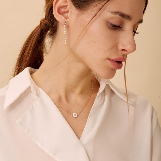 Contemporary Syna Yellow Gold Cosmic Necklace with White Enamel and Diamonds For Sale - Image 3 of 4