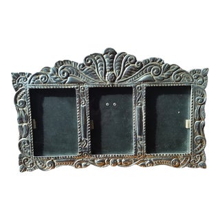1990s Handcrafted Mexian Pewter Triple Triptych Photo Picture Frame Folk Art 15.5 X 10 For Sale