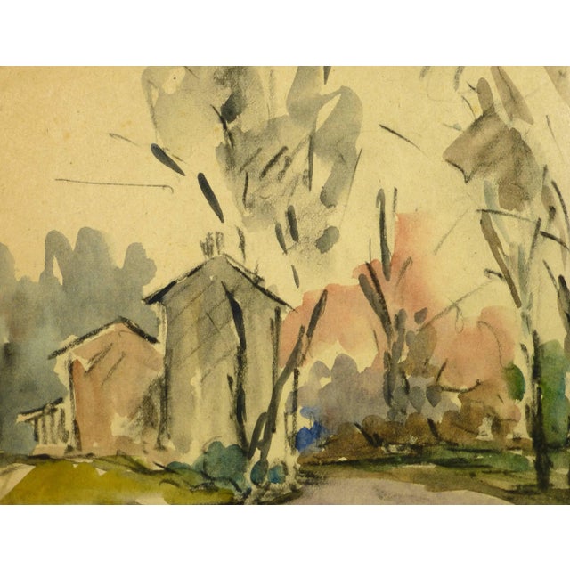 Mid-century watercolor painting, circa 1950. Original artwork on paper displayed on a white mat with a gold border. Mat...