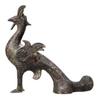 Early 20th Century Bronze Peacock Sculpture – 13.4" Archaic Style Bird Figure For Sale