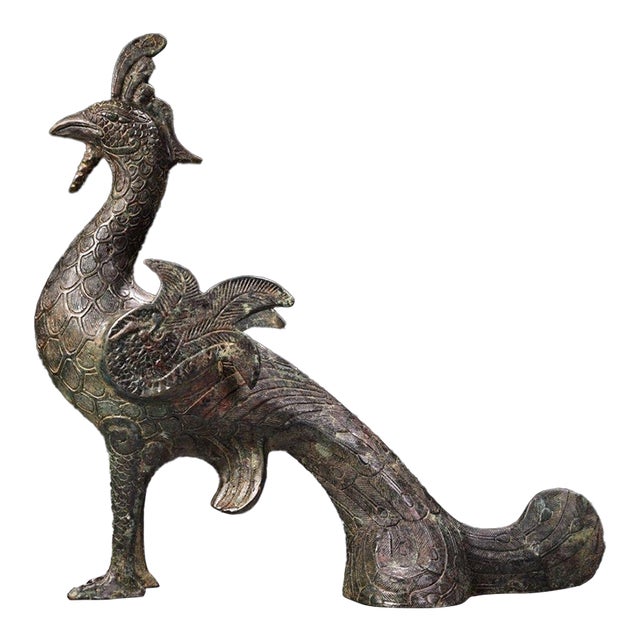 Early 20th Century Bronze Peacock Sculpture – 13.4" Archaic Style Bird Figure For Sale