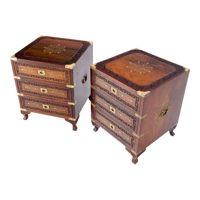 Pair 3 Drawer Solid Rosewood Campaign Style Brass Inlay Decorated Night Stands For Sale