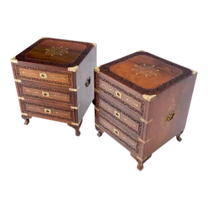 Pair 3 Drawer Solid Rosewood Campaign Style Brass Inlay Decorated Night Stands