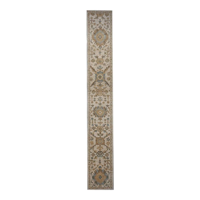 Persian Sultanabad Wool 3x23 Ivory, Light Blue & Tan Handmade Runner Rug #1141108 For Sale