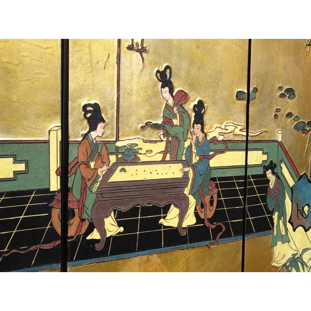 35"t Vintage Oriental Asian Gold Chinioiserie Coromandel 4 Four Panel Screen For Sale - Image 10 of 13