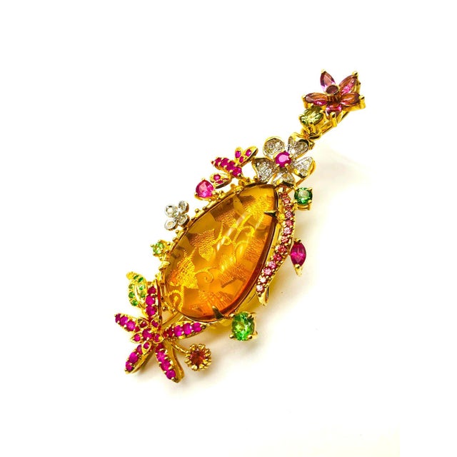 Bochic "Orient" Vintage Amber, Ruby & Emerald Brooch Set In 18K Gold & Silver For Sale - Image 10 of 18