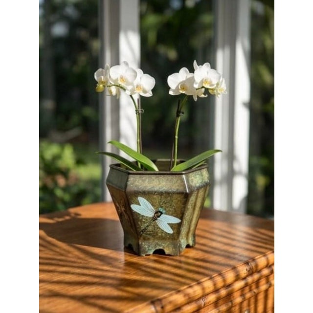 Verdigris Vintage Hexagonal Verdigris Metal Cachepot With Butterfly and Dragonfly Motif For Sale - Image 8 of 12