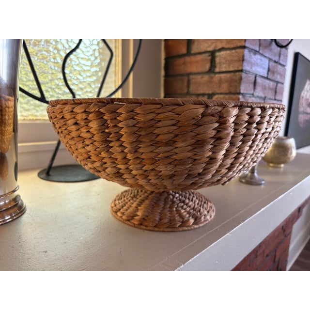 Vintage Woven Natural Fiber Pedestal Bowl Basket For Sale - Image 9 of 11