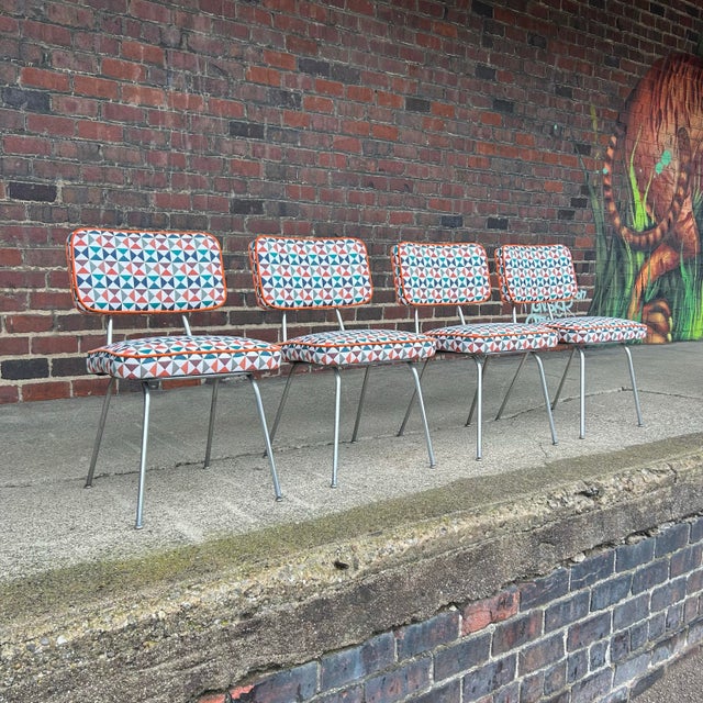 George Nelson for Herman Miller 4671 aluminum Side chair recovered in geometric Sunbrella fabric with coordinating velvet...