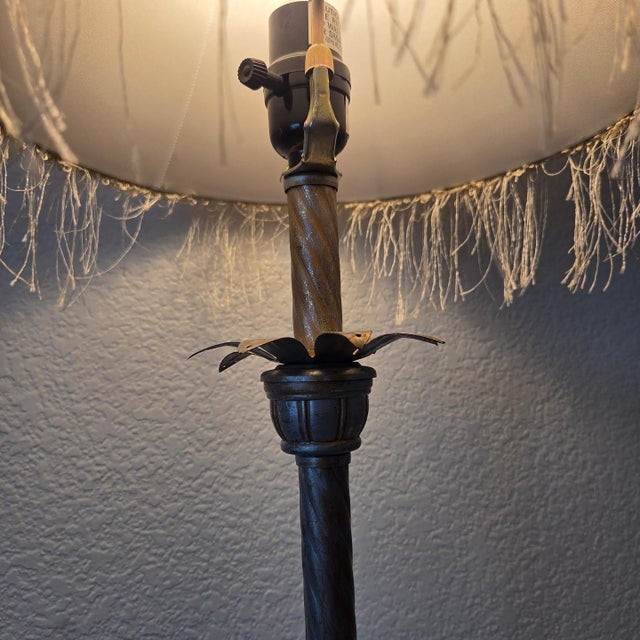 1970s Traditional Silver Metallic Table Lamp With Beige Bell Fringe Shade For Sale - Image 11 of 11