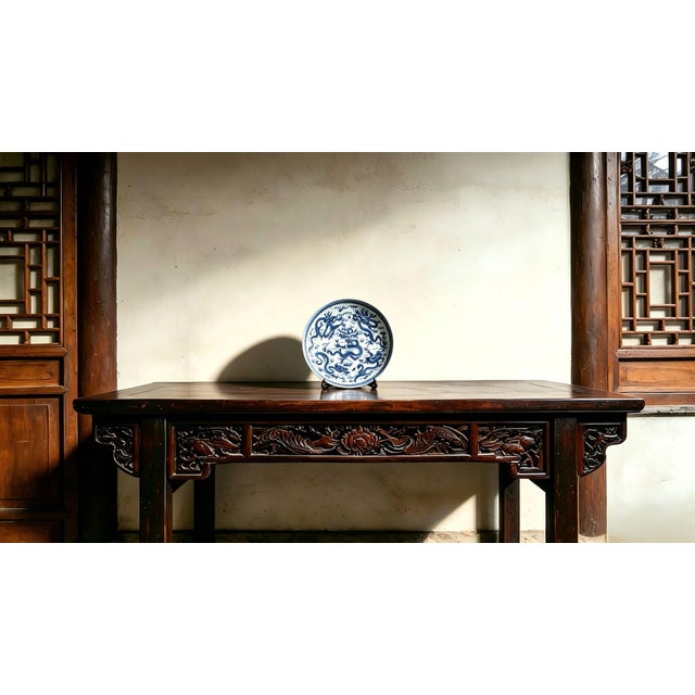 Art Deco Chinese Ceramic Plate,Blue and White Porcelain Plate Hand Painted Dragon Pattern For Sale - Image 3 of 11