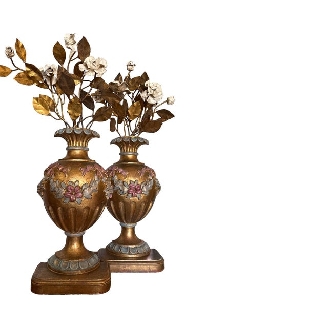 Antique Pair or Italian Decorative Gilt Middle Pots with applications of Metal Painted Flowers. These Great Pots can be...