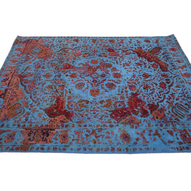 Blue Vintage Persian Overdyed Scatter Wool Rug With Floral Motif For Sale In New York - Image 6 of 8