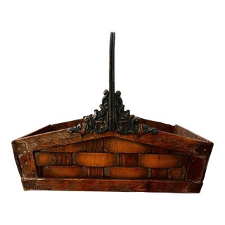 Vintage Rustic Wood Basket Wrought Iron Handle Farmhouse Primitive For Sale