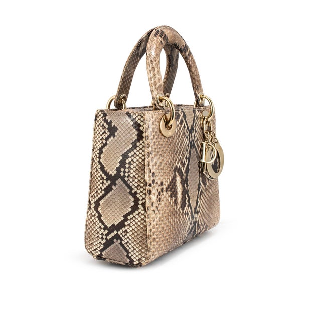 Modern Christian Dior Lady Dior Python Snakeskin Gold Hardware Top Handle Bag For Sale - Image 3 of 12