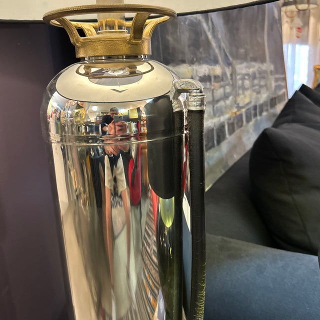 Chrome Chrome Repurposed Fire Extinguisher Lamp With Custom Black Shade For Sale - Image 8 of 9