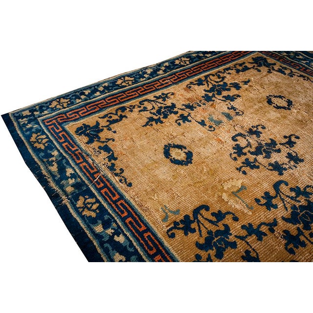 Textile 1880s Antique Beige Field Medallion Greek Key Handknotted Chinese Ningxia Rug For Sale - Image 7 of 10