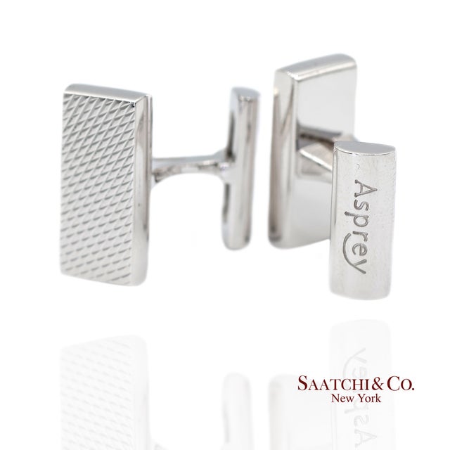 Asprey London 18k(750) Solid White Gold Classic Rectangular Crosshatch Cufflinks, A Pair For Sale - Image 4 of 12