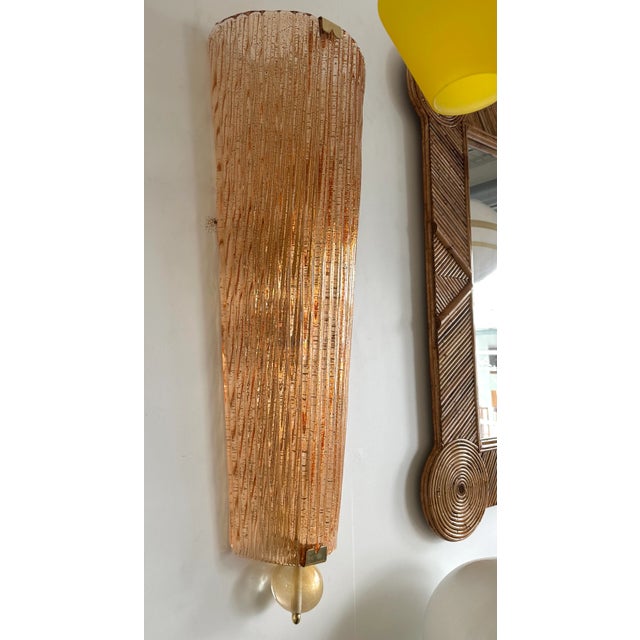 Large Contemporary Pair of Brass Salmon Gold Leaf Murano Glass Sconces, Italy For Sale - Image 4 of 11