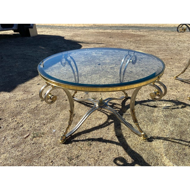 Vintage LaBarge Steel & Brass Hollywood Regency Maison Jansen Style Demi-Lune Table and Coffee Table Set of 2 For Sale - Image 9 of 12