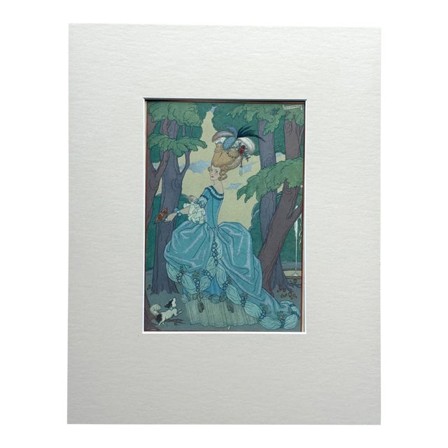 Original George Barbier 1928 Hand-Colored Pochoir Print: ""L'allée" in 11x14 Mat For Sale