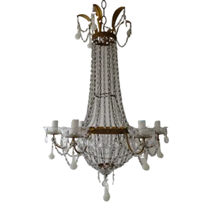 Italian Empire White Murano Opaline Beads Drops Beaded Tole Chandelier, C 1900