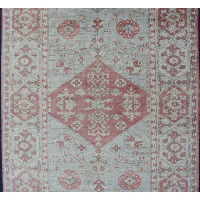 Tribal Modern Khotan Rug in Wool With Medallion Design in Light Blue and Coral For Sale - Image 3 of 13