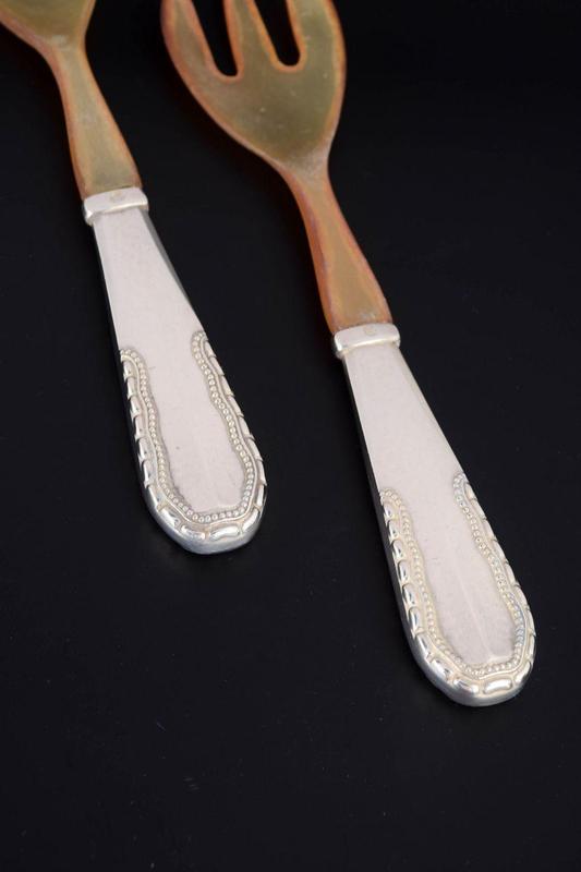 Salad Set in Silver and Bone with Handles in the Viking Pattern by