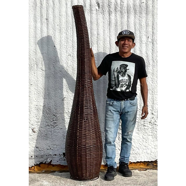 Coastal Vintage Coastal Woven Rattan Tall Floor Vase For Sale - Image 3 of 3