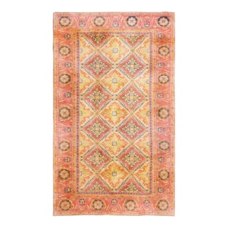 1920s Yellow Diamond Antique Indian Cotton Agra Rug 4' X 7' Handknotted Wool Carpet For Sale