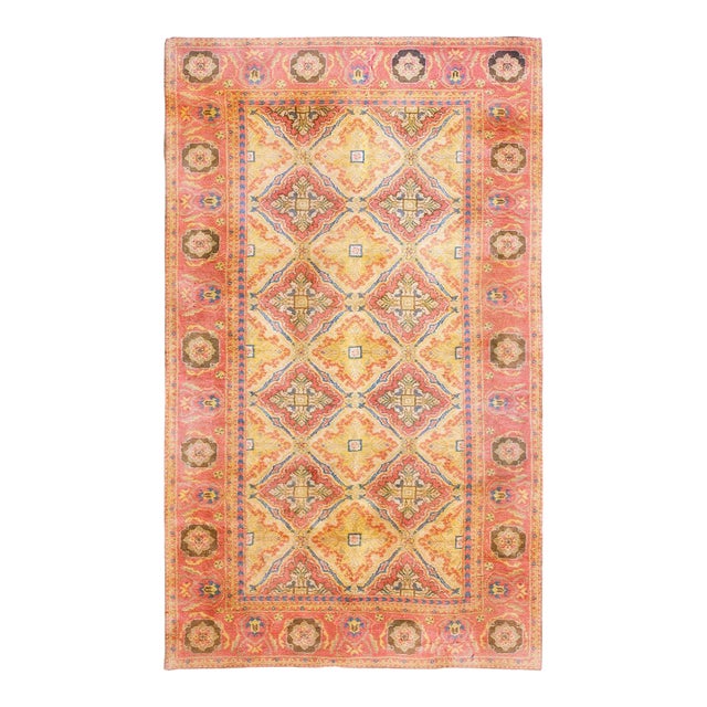 1920s Yellow Diamond Antique Indian Cotton Agra Rug 4' X 7' Handknotted Wool Carpet For Sale