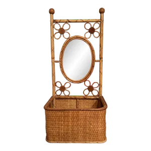 Mid-Century Tortoise Rattan Tabletop Mirror With Shelf