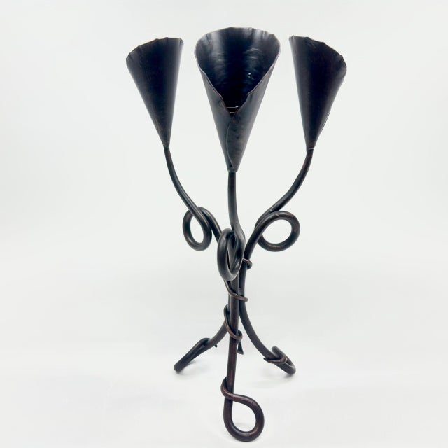 Hand Forged Iron Candelabra 20.5″ (52cm) Authentic Antique Copper Patina Finish Compact Artisanal Centerpiece For Sale - Image 6 of 7