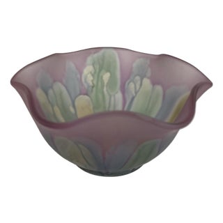 Hand-Painted Nouveau Art Glass Ruffled Bowl in Amethyst & Iridescent Pastels For Sale