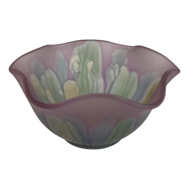 Hand-Painted Nouveau Art Glass Ruffled Bowl in Amethyst & Iridescent Pastels For Sale